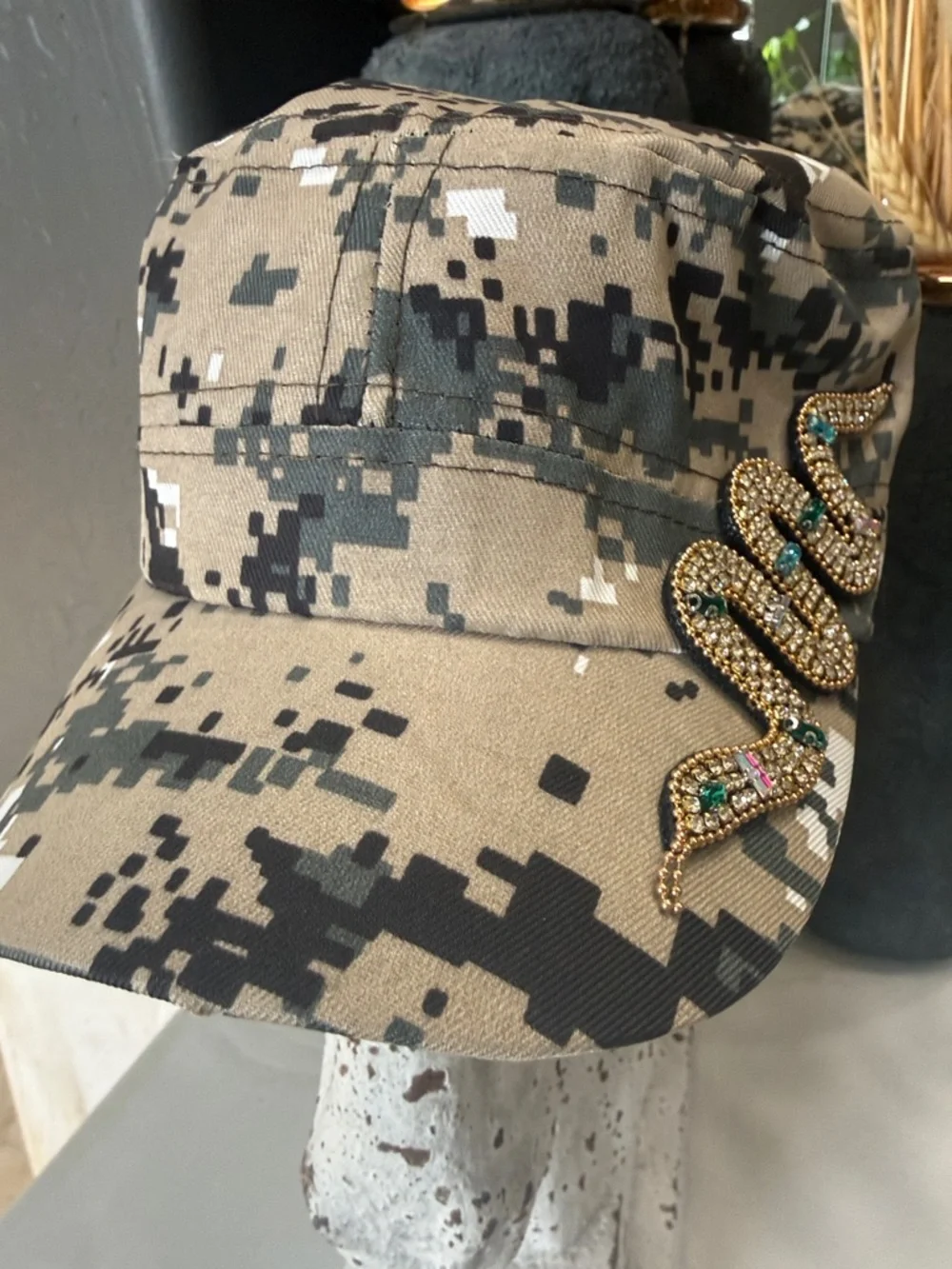 Sequined Snake Embellished Military Camo Cap - Tan & Black - Picture 1 of 5